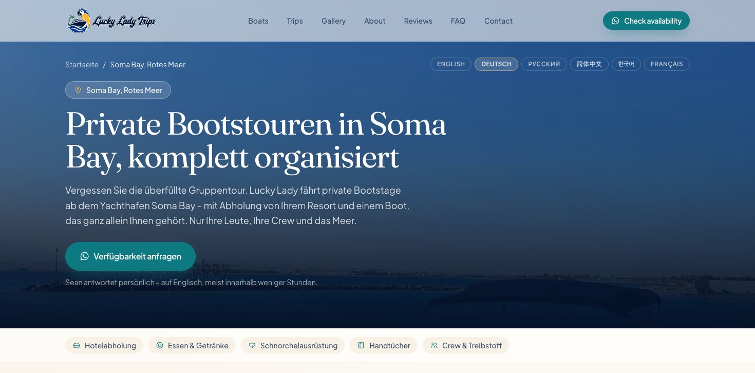 Lucky Lady Trips German Soma Bay landing page with six language choices and a localized WhatsApp inquiry button
