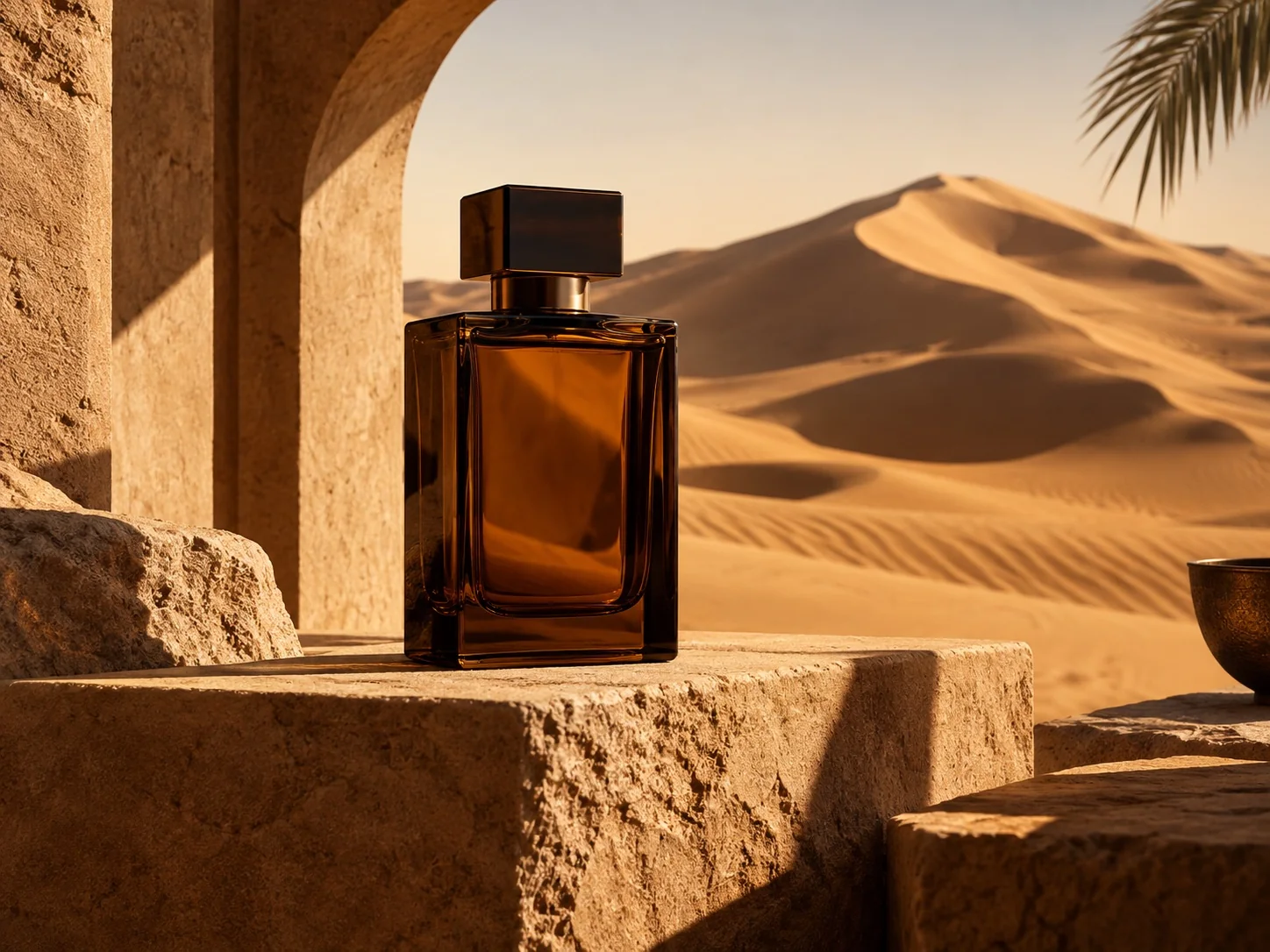 Amber fragrance bottle in a sculptural desert setting